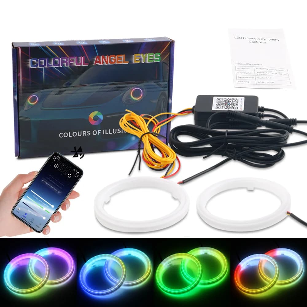 KALADA LED Halo Anjo 2 peças RGB 60-80mm para carro, UTV e moto