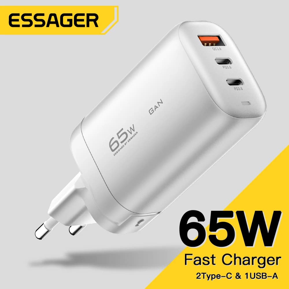 Essager-Carregador USB Tipo C, 65W, GaN, QC3.0, PD3.0, iPhone 14, 13, 12 Pro Max, Xiaomi, Telemóveis, Carregamento Rápido, Plug UE