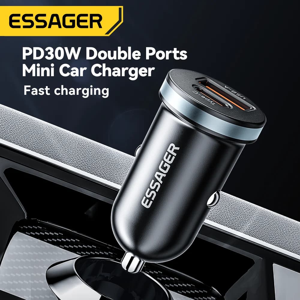 Essager Carregador de Carro USB-C 30W PD/QC 3.0 – Rápido 5A
