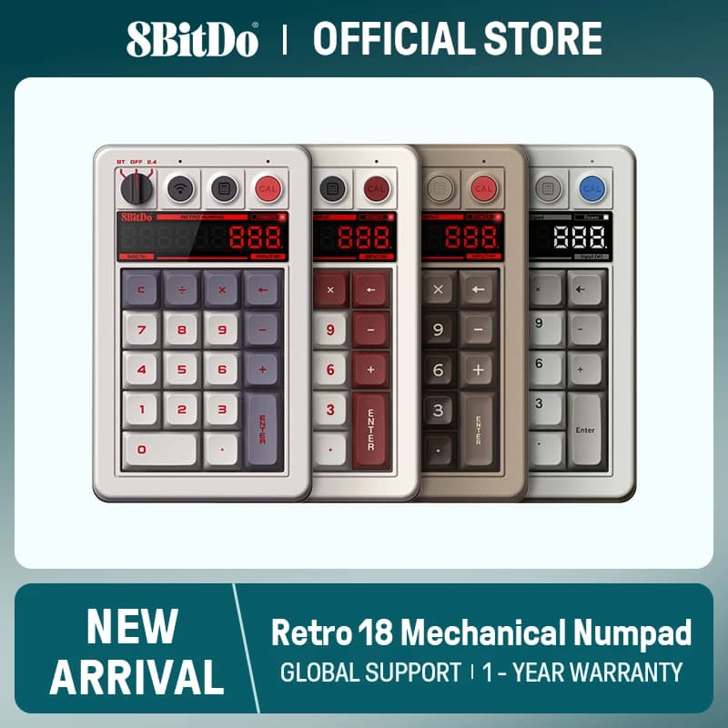 8bitdo Teclado Numérico Mecânico Retro 18 – Bluetooth, 2.4G e Fio