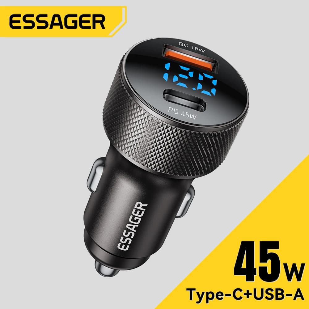 Essager Carregador de Carro USB-C 45W Dual Portas PD3.0 QC3.0