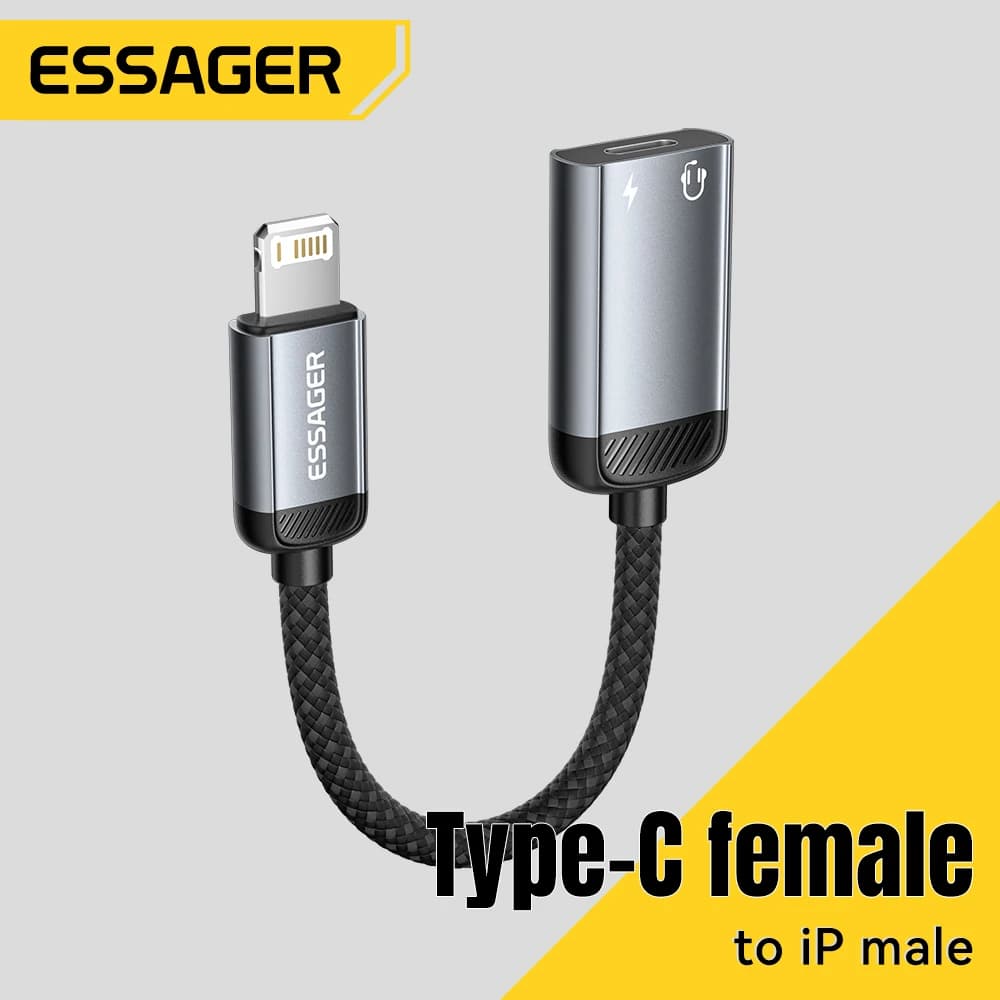 Cabo de Áudio Essager Tipo-C para Lightning, Adaptador OTG USB-C Fêmea para iPhone Macho, Conversor de Fone de Ouvido para iPhone 16 15, iPad Air, Mac