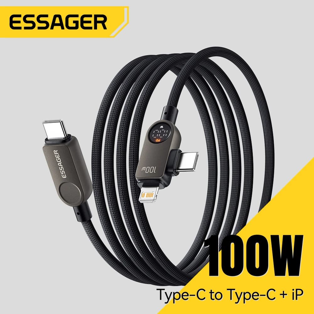 Cabo USB-C Essager 2 em 1 com Ângulo de 90 Graus e Display Digital, Cabo de Carregamento Rápido Tipo-C para Lightning para iPhone 17 16 Xiaomi Huawei