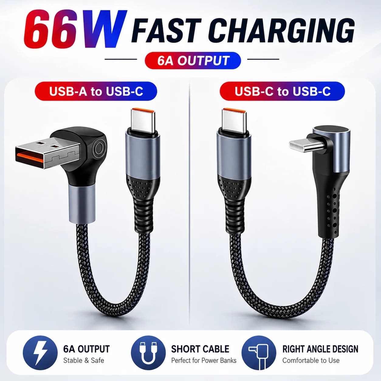 Cabo USB-C Ângulo Reto 66W 6A – Carregamento Rápido 25/50 cm