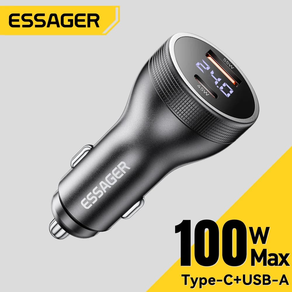 Essager Carregador de Carro USB-C 100W PD 3.0 com Display Digital