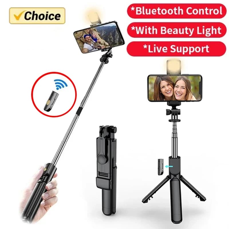 Bastão de Selfie com Tripé e Luz – Controle Bluetooth – R$ 26,19