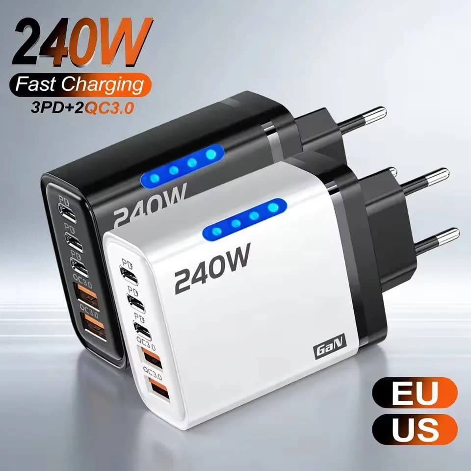 Genérico Carregador GaN 5 em 1 240W – iPhone, Samsung, USB‑C