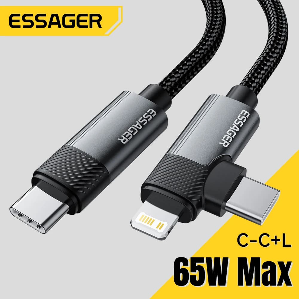Essager Cabo Tipo C para Tipo C e Lightning 65W 2 em 1