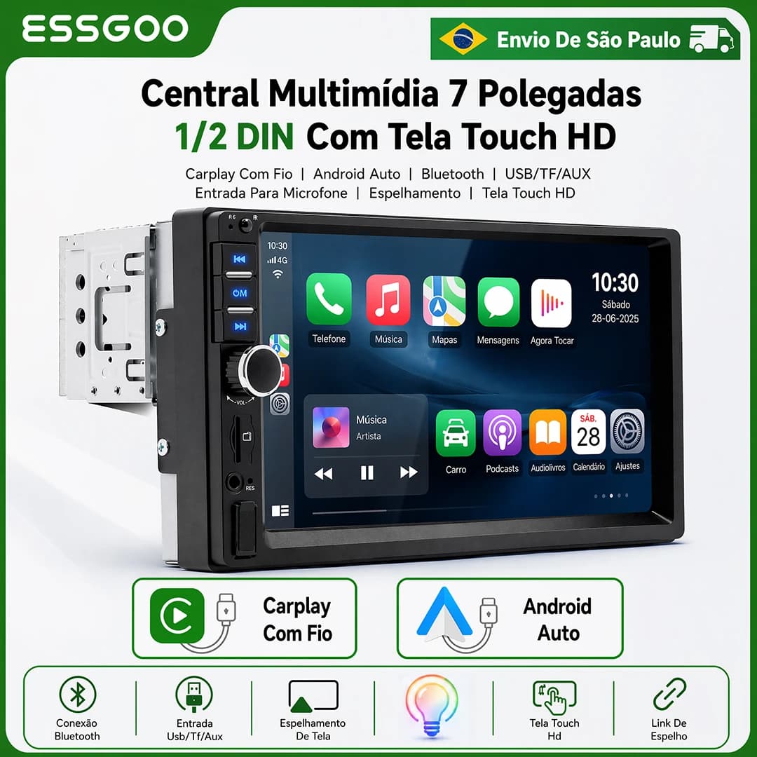 ESSGOO Rádio Automotivo 7" Android Auto e CarPlay