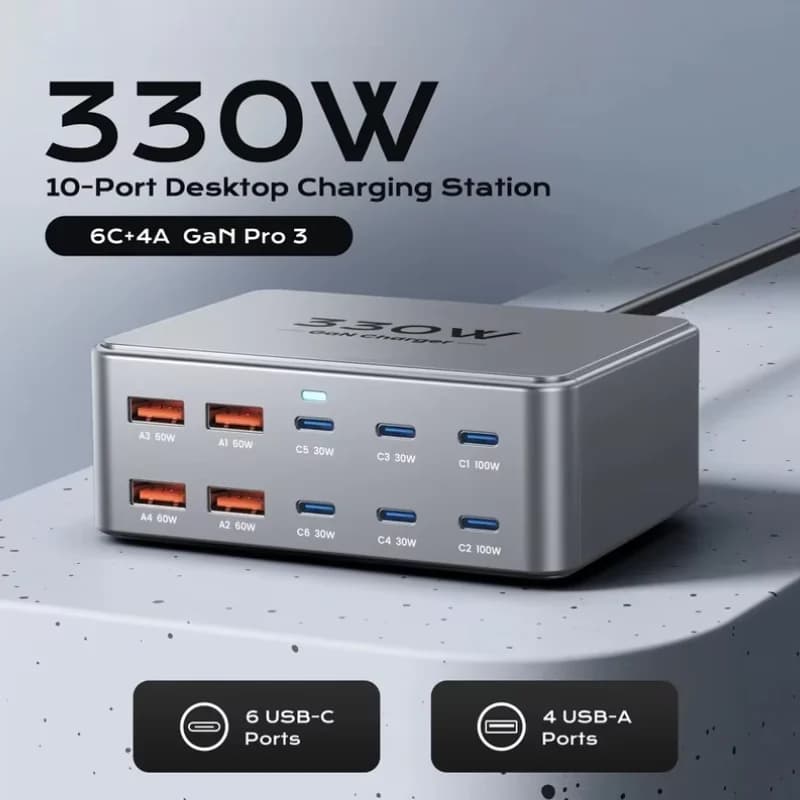 Carregador USB‑C GaN 330W – Estação de 4 Portas PD3.0 PPS 100W