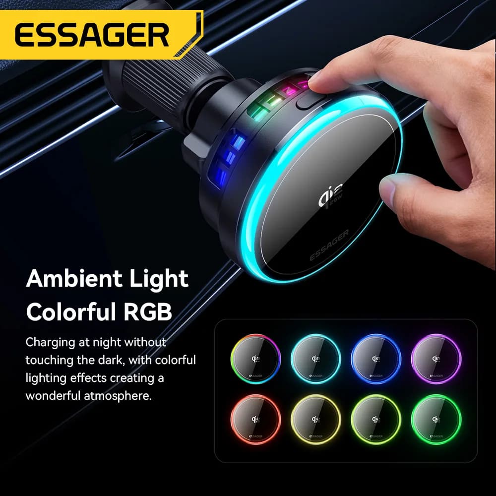 Carregador Magnético Sem Fio Essager 25W Qi 2.2 com Carregamento Rápido para iPhone 17 16, Suporte de Celular RGB para Carro com Magsafe