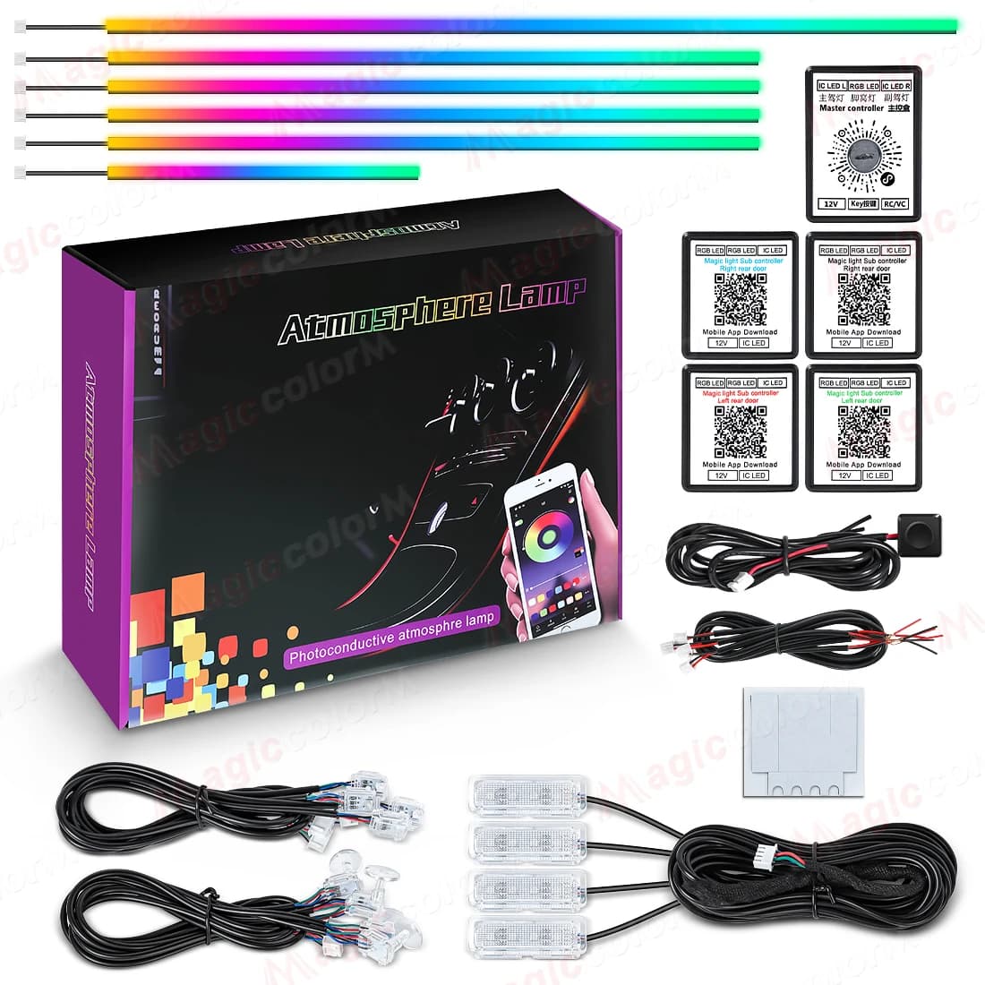 LED 18 em 1 Luzes Ambientais para Carro – 64 Cores RGB e Bluetooth