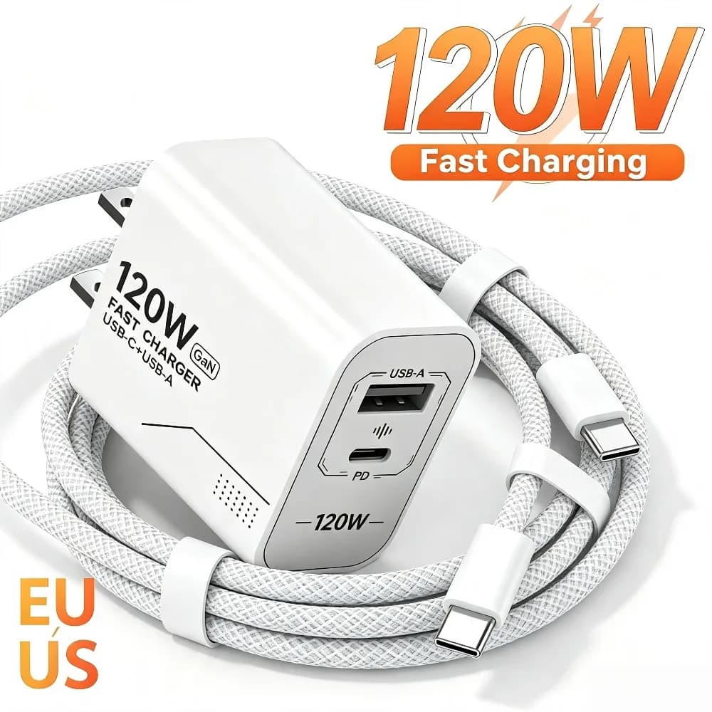 Genérico Carregador USB-C GaN 120W 2 Portas - Rápido e Compacto