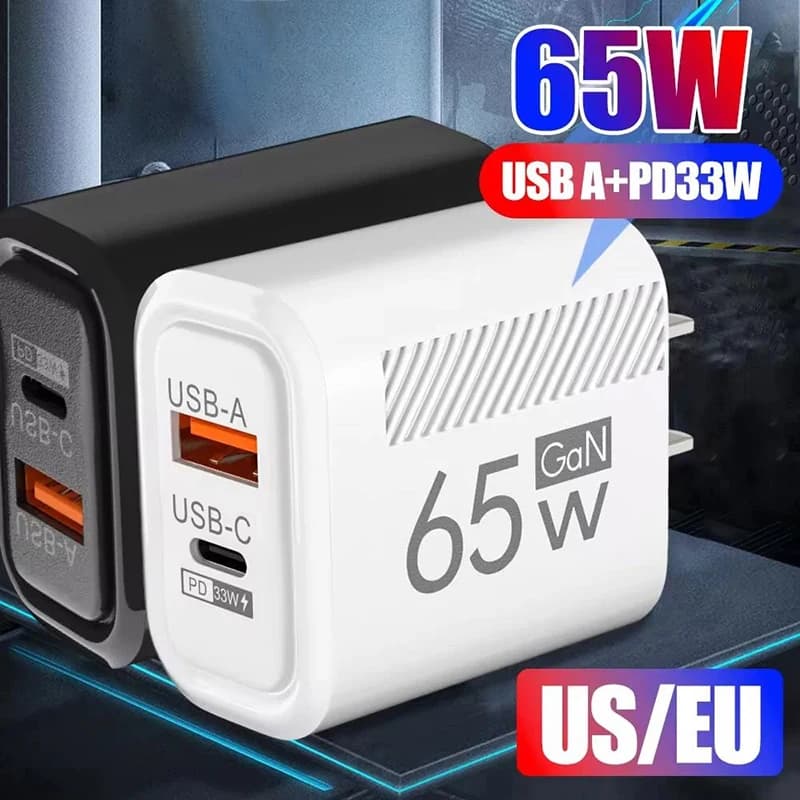 Carregador USB‑C 65W PD 3.0 - Plug UE/EUA, carga rápida