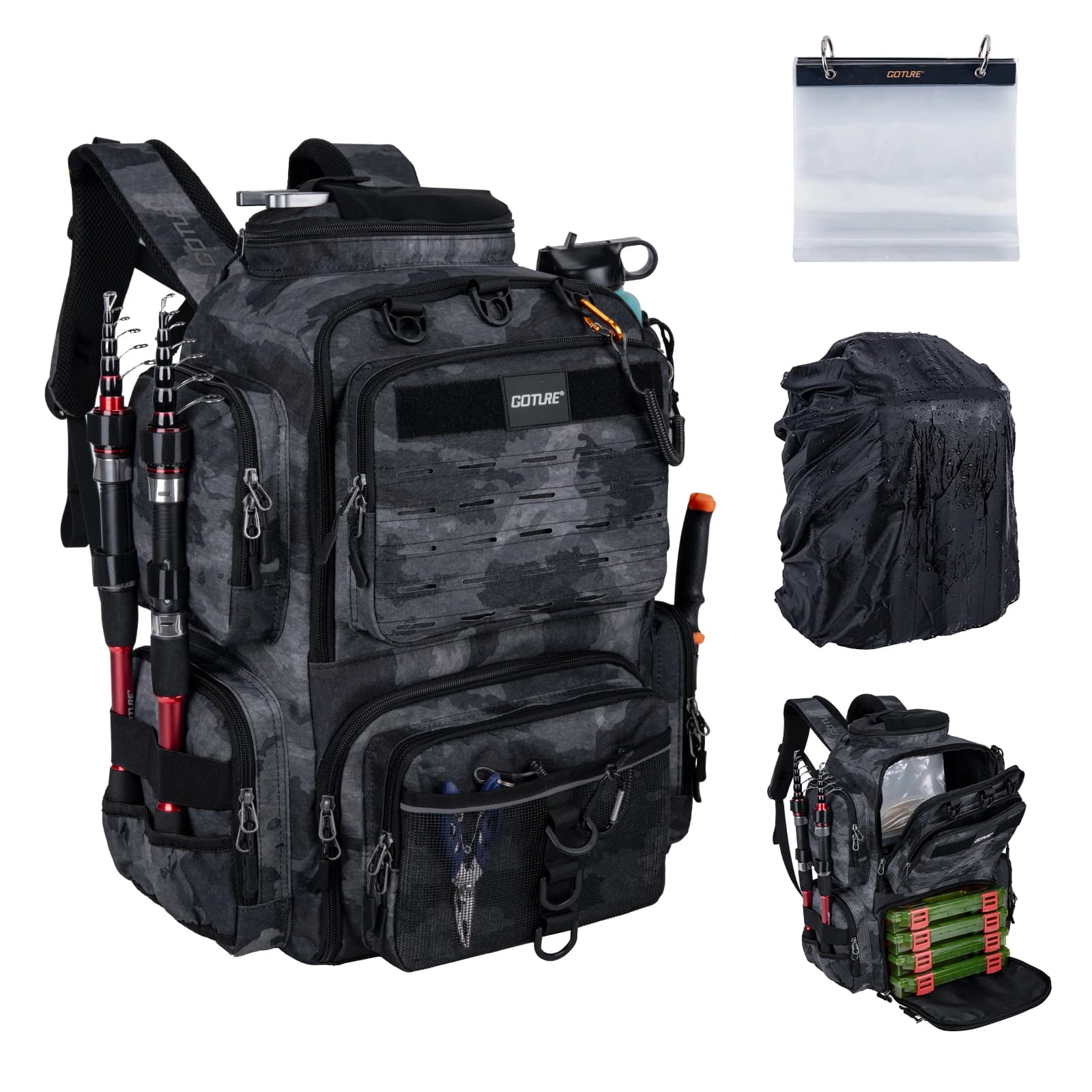 Goture Mochila de Pesca 45L com 4 Caixas Resistente à Água
