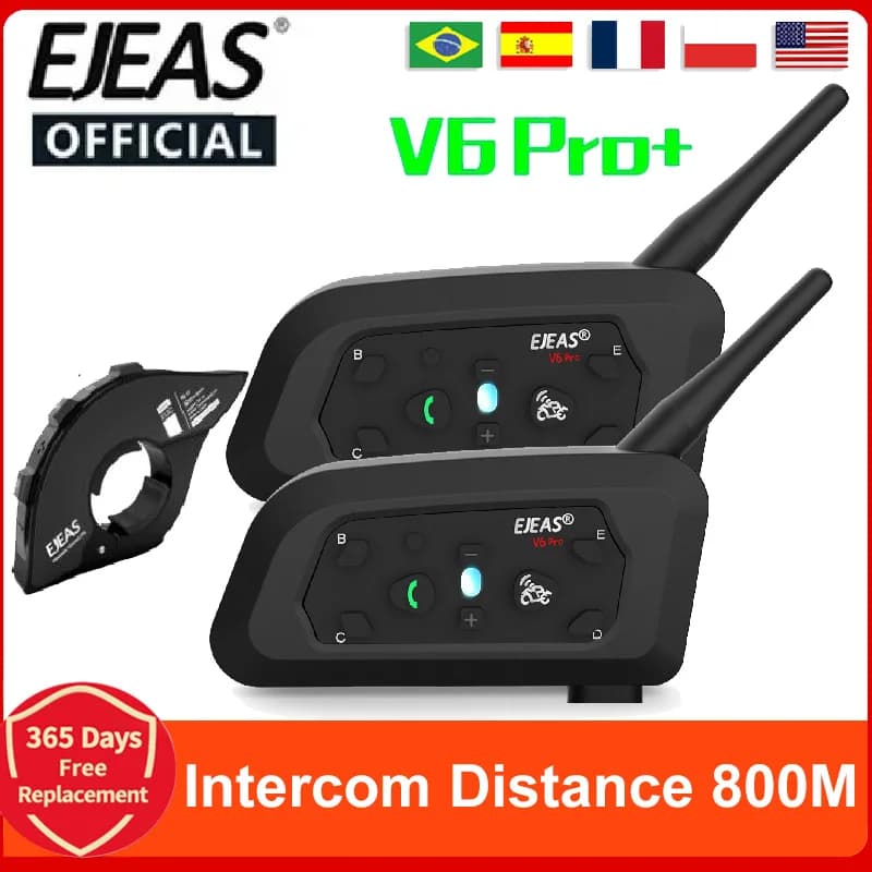 EJEAS V6 PRO+ Capacete Bluetooth com Walkie Talkie 800m IP67
