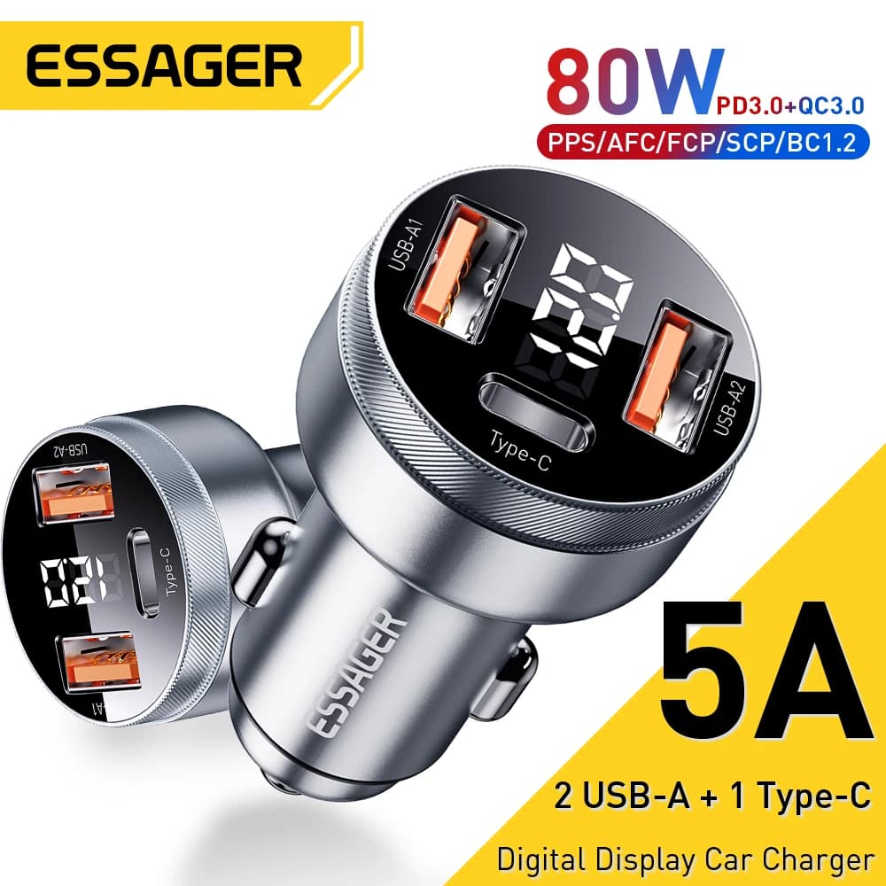 Essager-Carregador de carro USB para iPhone 14, Xiaomi, Telefone Samsung, PD, Tipo C, Carga Rápida, QC3.0, SCP, 5A, 80W