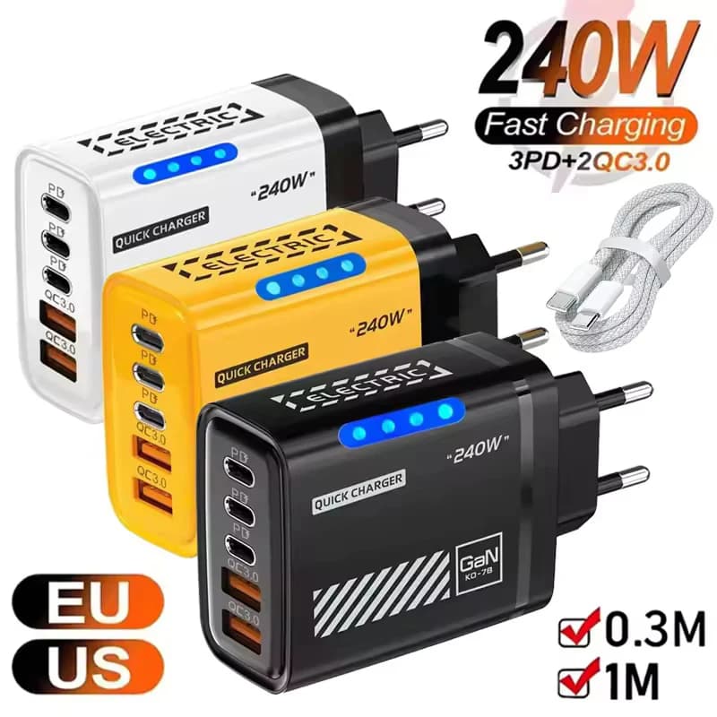 Carregador GaN 5 em 1 - 240W rápido para iPhone e Samsung