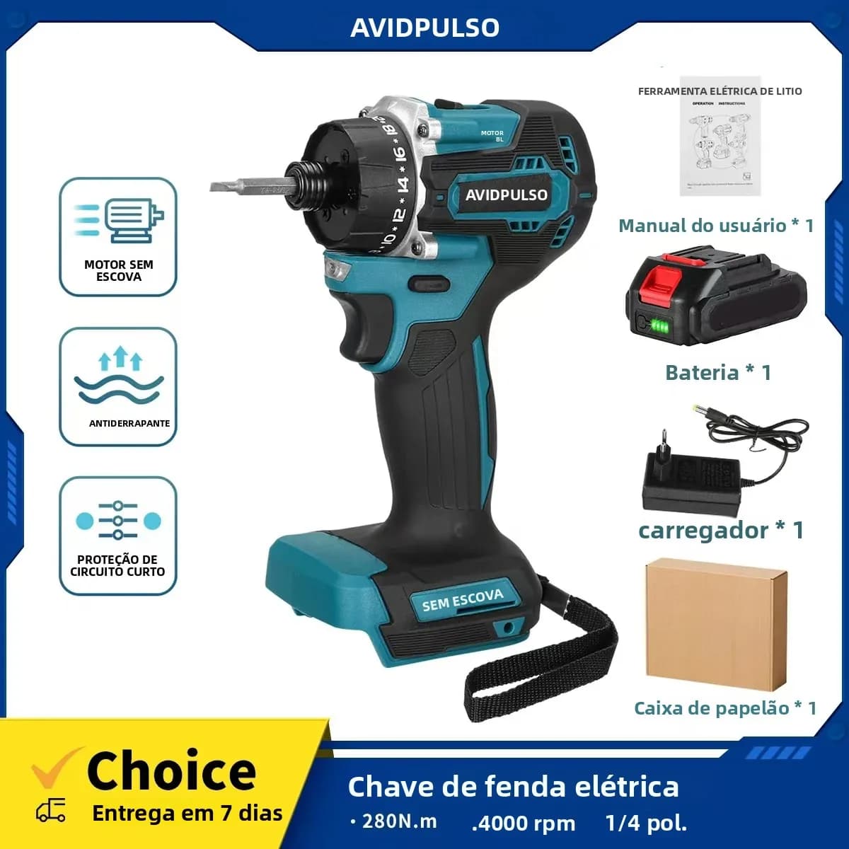 AvidPulse Chave de Fenda Elétrica Sem Fio 18V 280Nm - 20+1 Bits