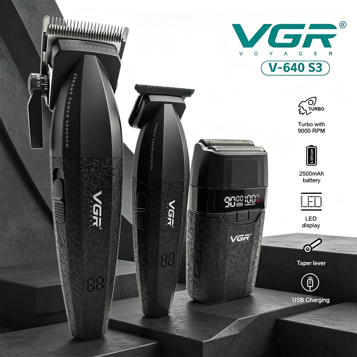 VGR Aparador de Cabelo Profissional 9000 RPM sem Fio com LED