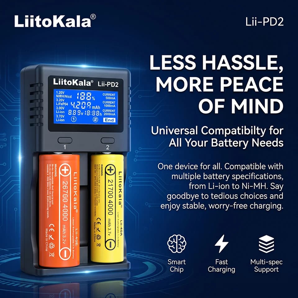 LiitoKala Carregador Inteligente Universal PD2 com 2 Slots e LCD