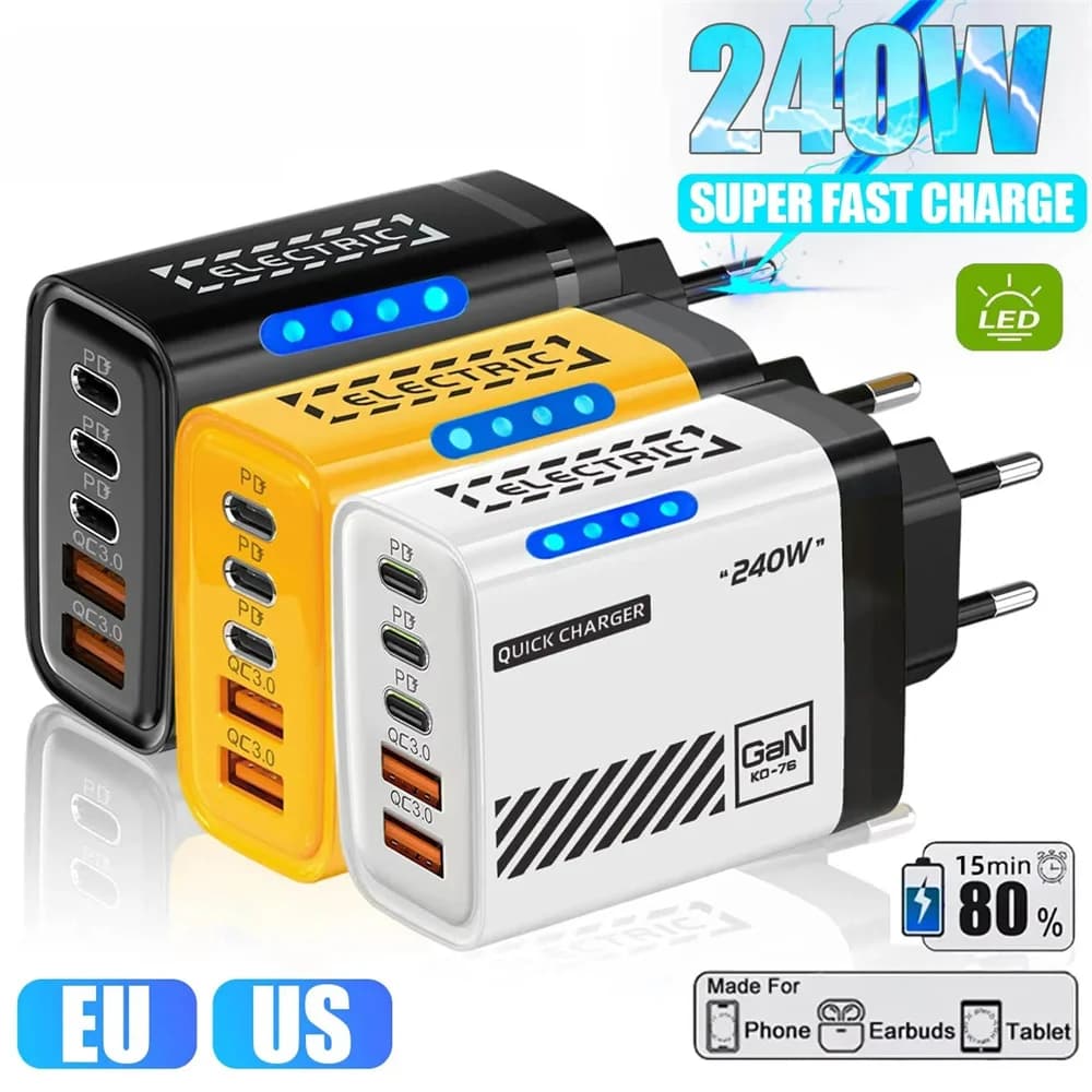 Carregador 5 em 1 240W GaN USB‑C PD – Rápido e Versátil