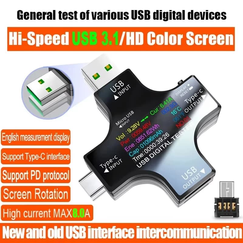 Universal Testador USB-C PD 8A – Voltímetro e Amperímetro Digital
