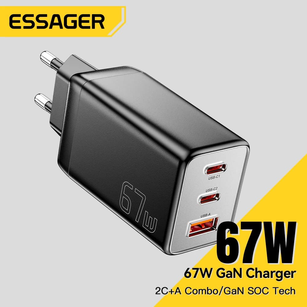 Essager gan usb tipo c carregador 67w 45 33 kr plugue da ue carregamento rápido para samsung iphone 16 15 14 pro huawei telefone portátil chagers