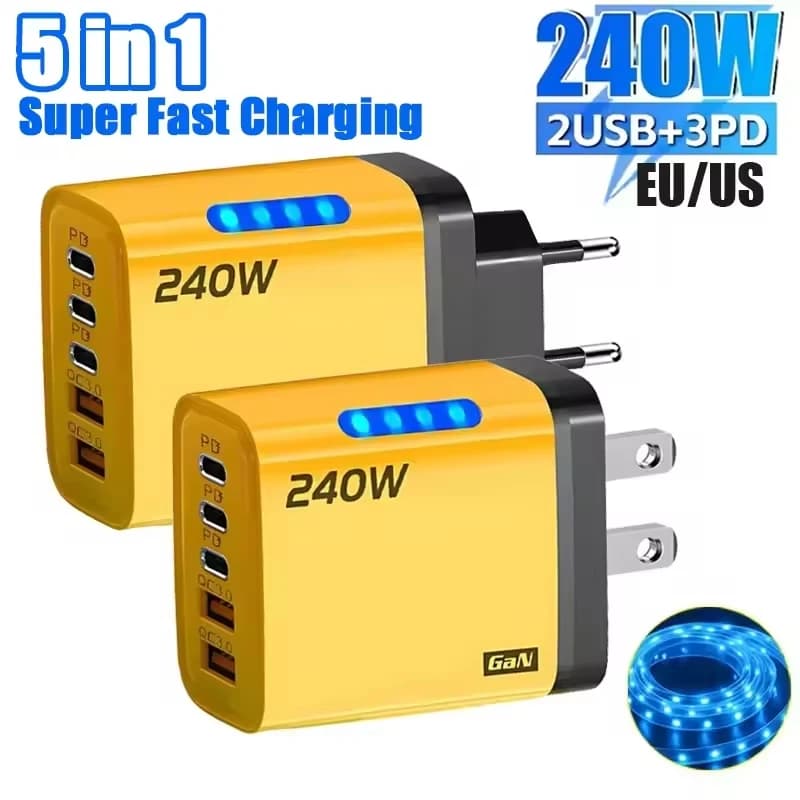 GaN Carregador Rápido 240W com 5 USB‑C PD – Mesa QC 3.0