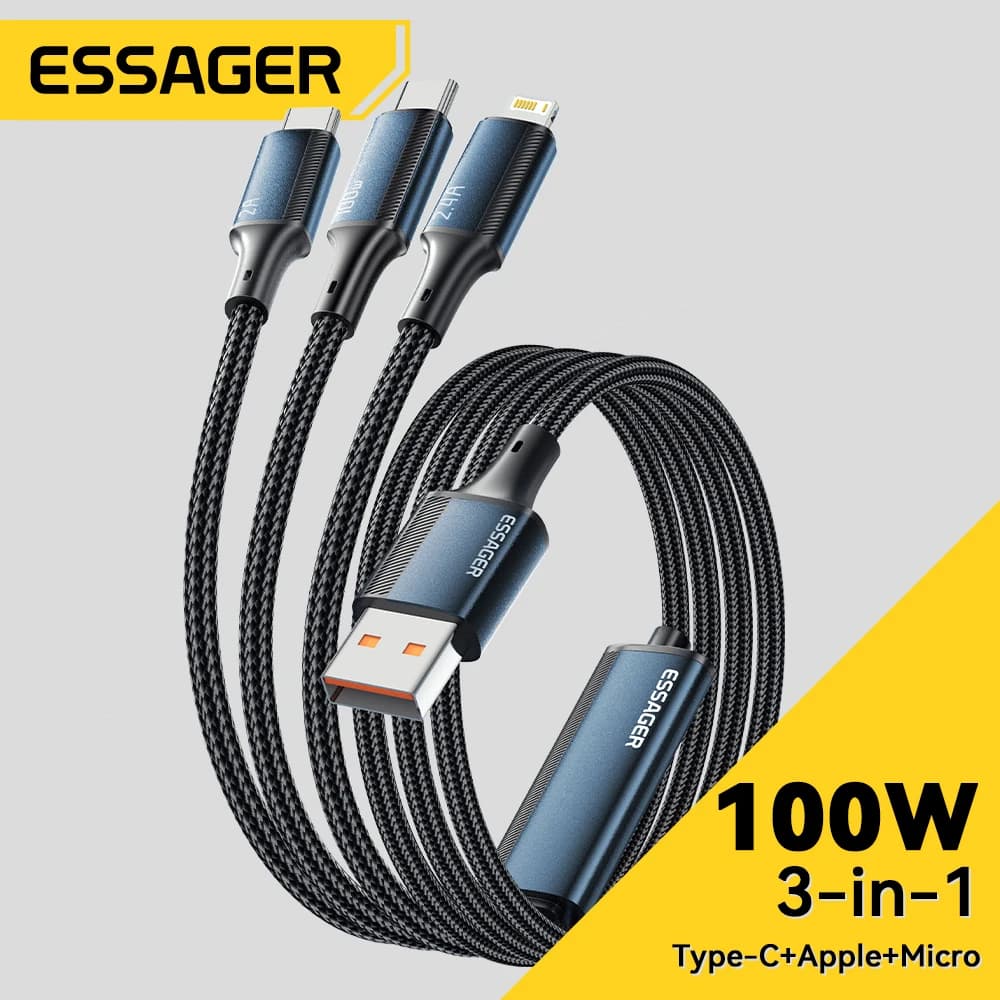 Essager Cabo USB-C 100W 3 em 1 – Carregamento Rápido