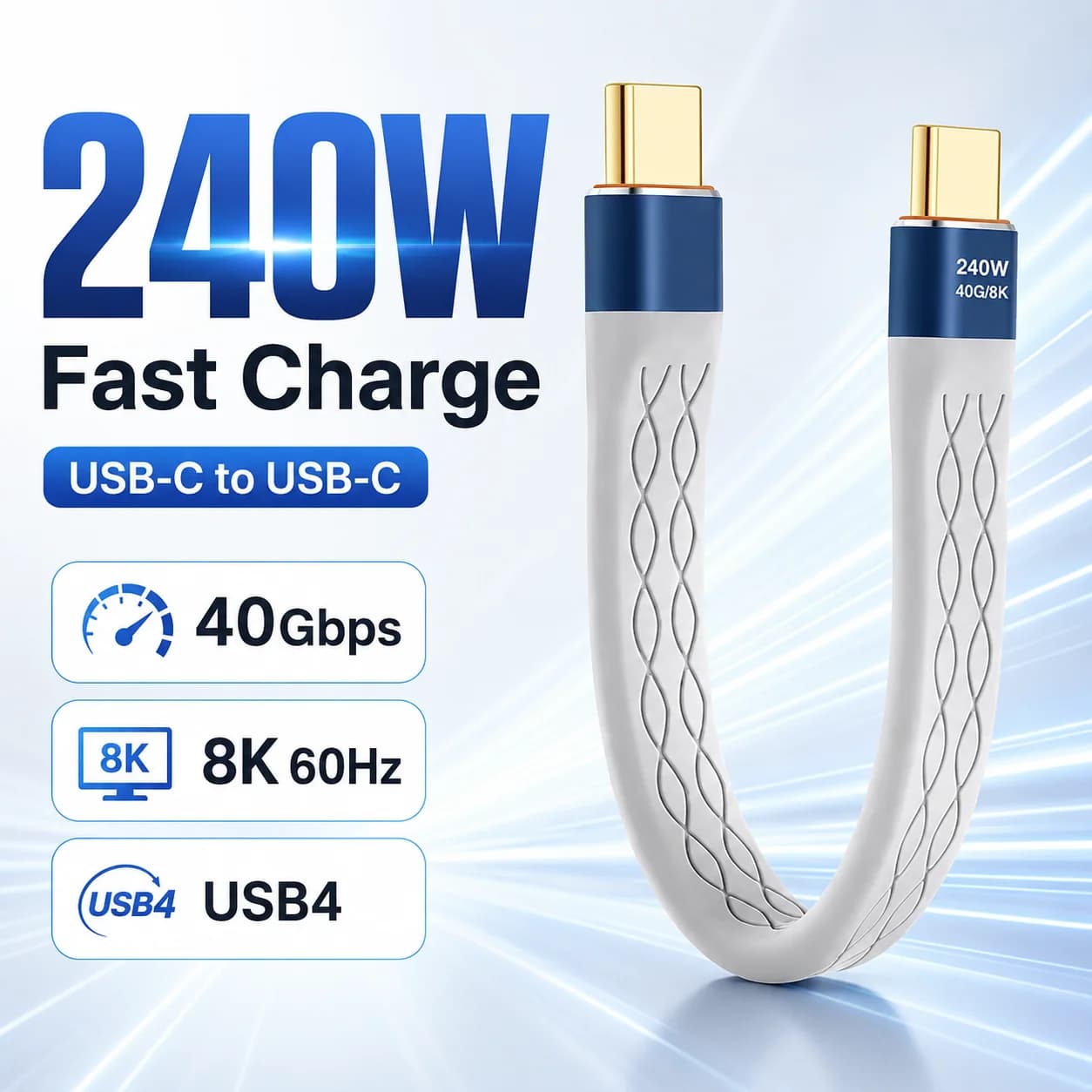 Cabo USB4 Curto USB-C - 40Gbps, PD 240W, 8K 60Hz