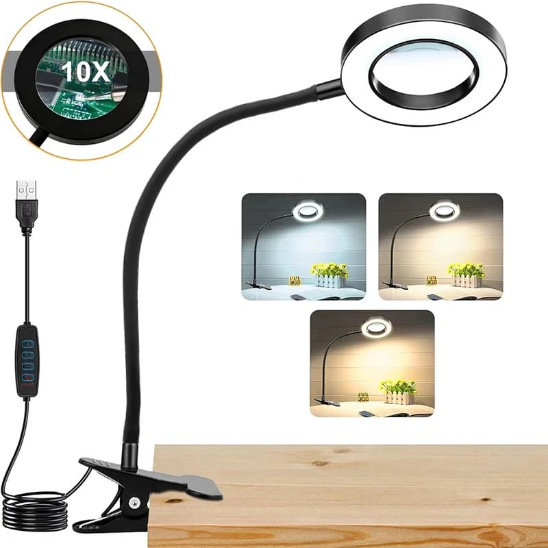 Lupa de Aumento 10X com LED – 3 cores, braço flexível – R$63,08
