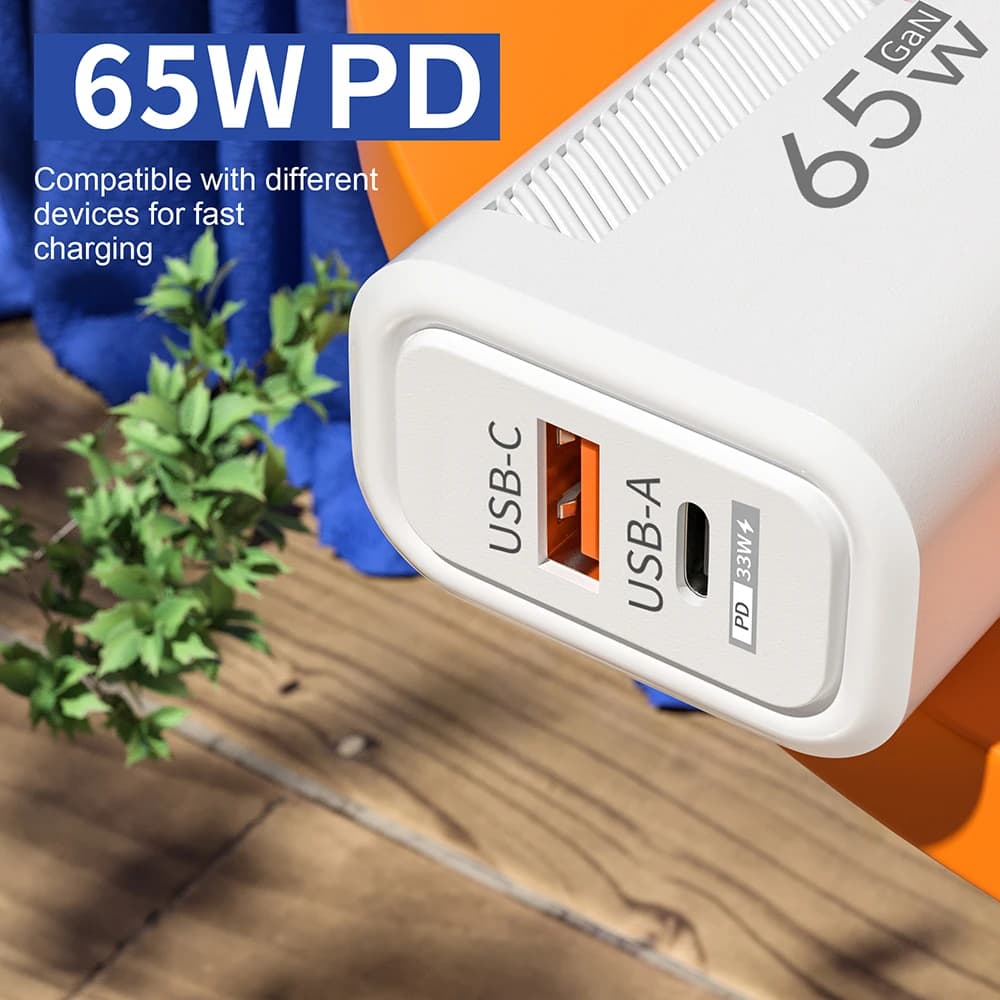 Carregador USB GaN 65W PD QC3.0 – Plug UE/US – Rápido Tipo C