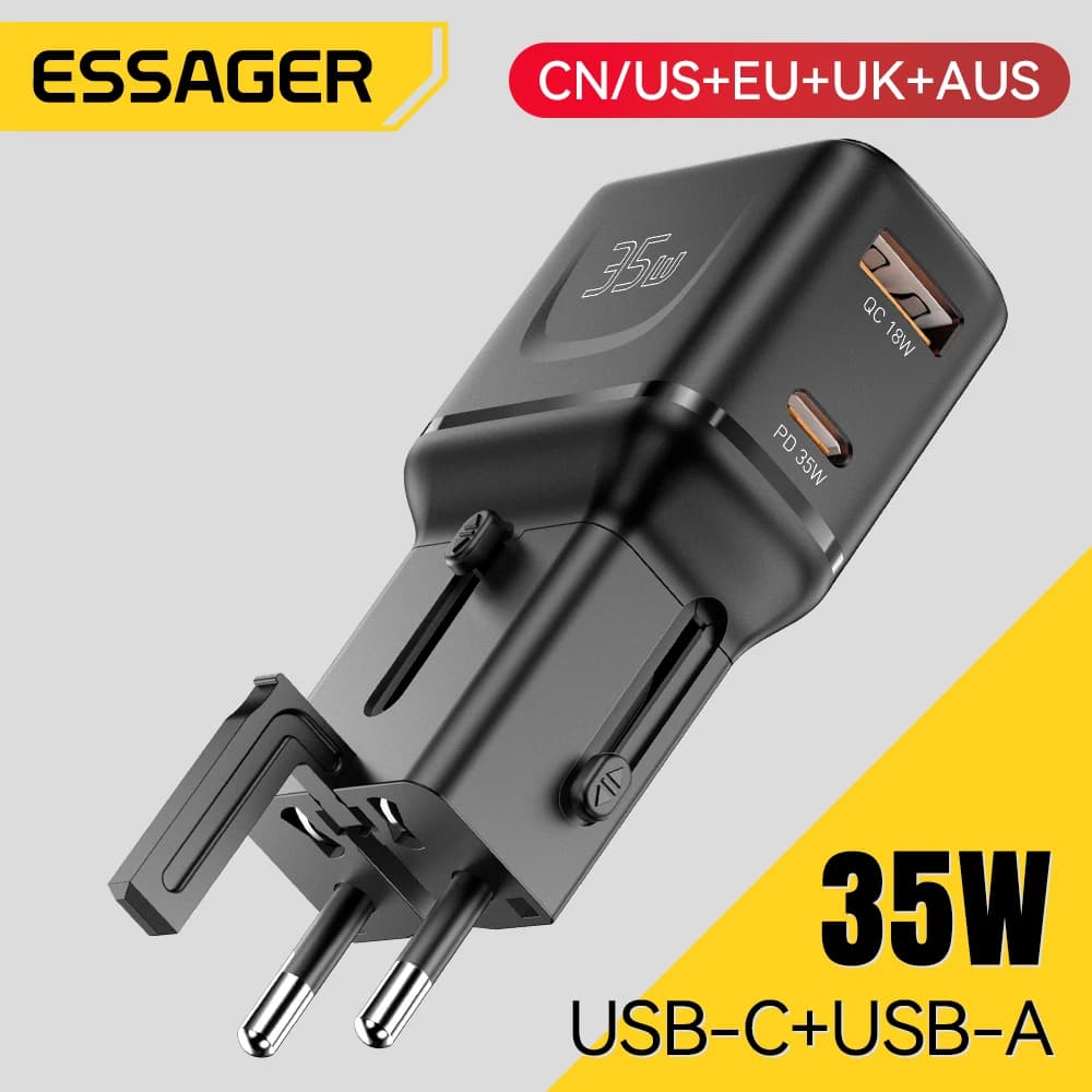 ESSAGER 35W GaN Carregador Adaptador de viagem global de porta dupla com carregamento rápido multiprotocolo para carregador universal de telefone laptop