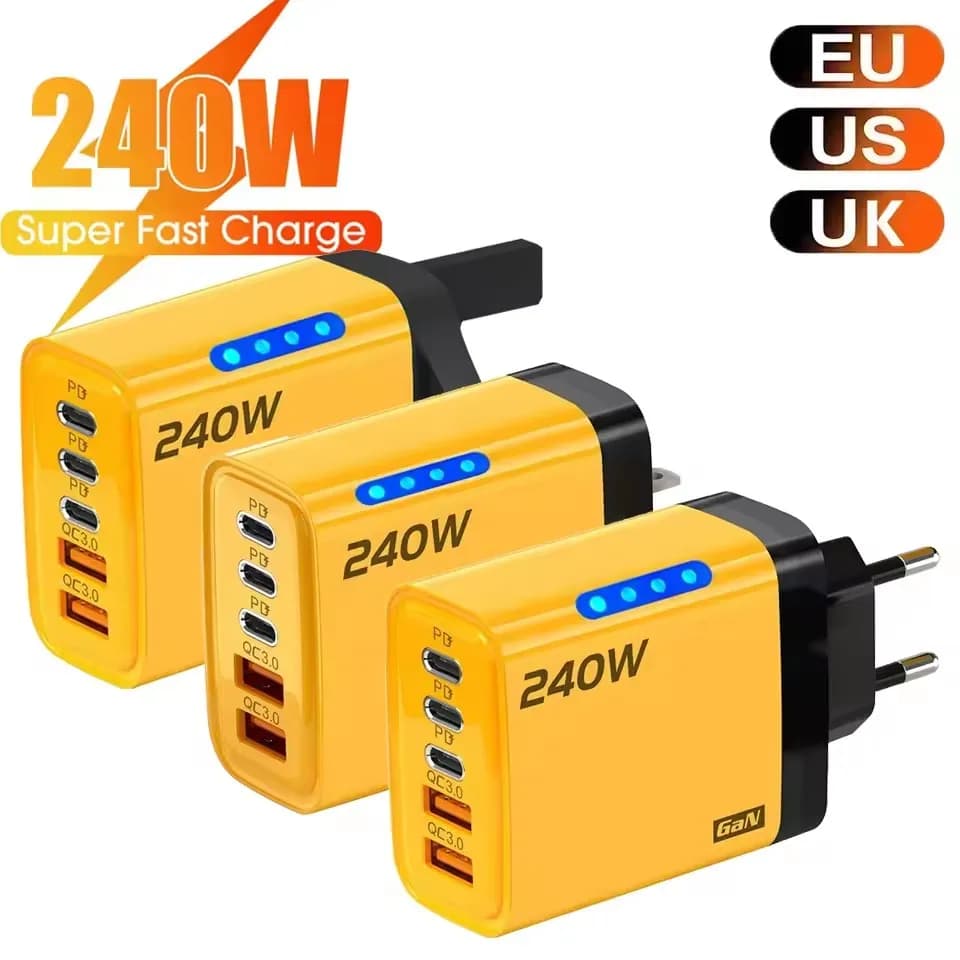 Gan Carregador Rápido 240W 5 em 1 com LED – 2 USB + 3 Type‑C