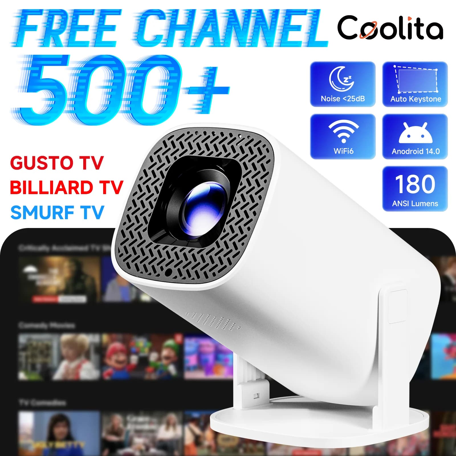 HONGTOP Projetor Mini Inteligente 4K 500+ Canais WiFi6 - R$200,99