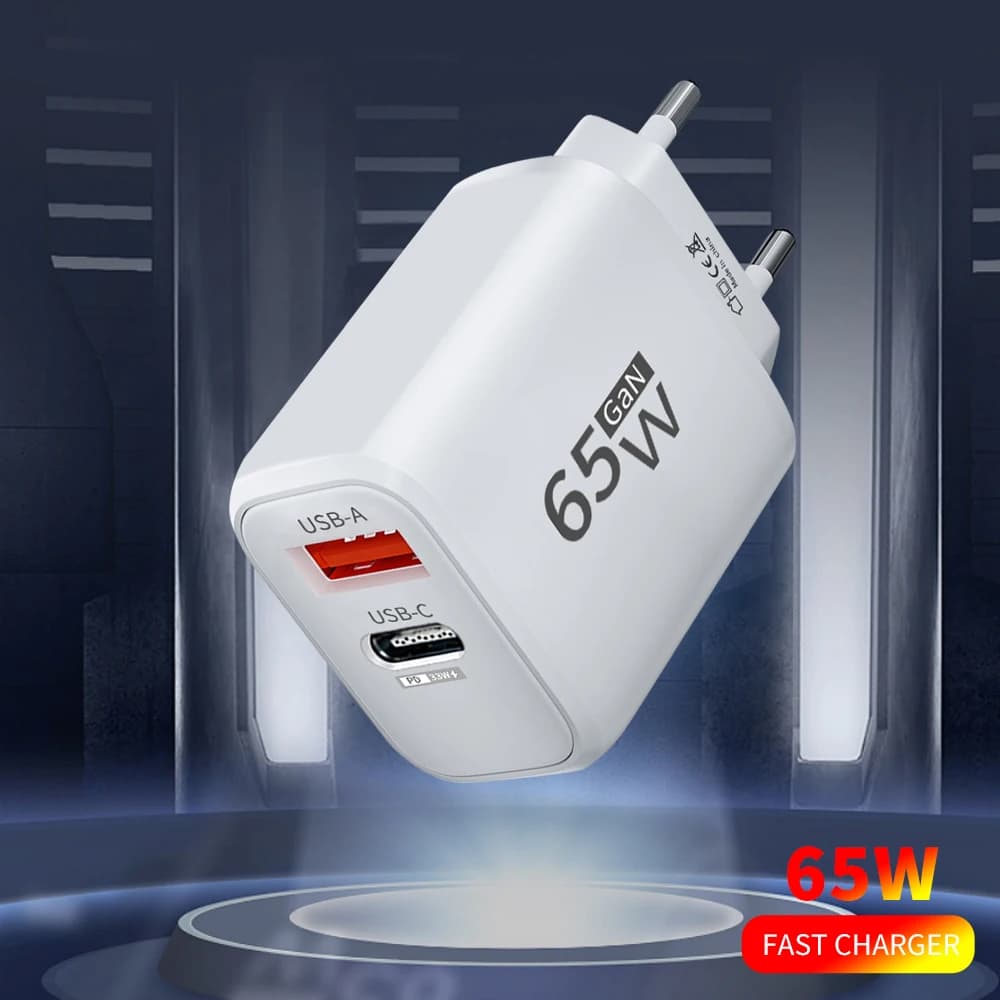 Carregador 2 em 1 65W USB-C + USB-A - Rápido e Portátil