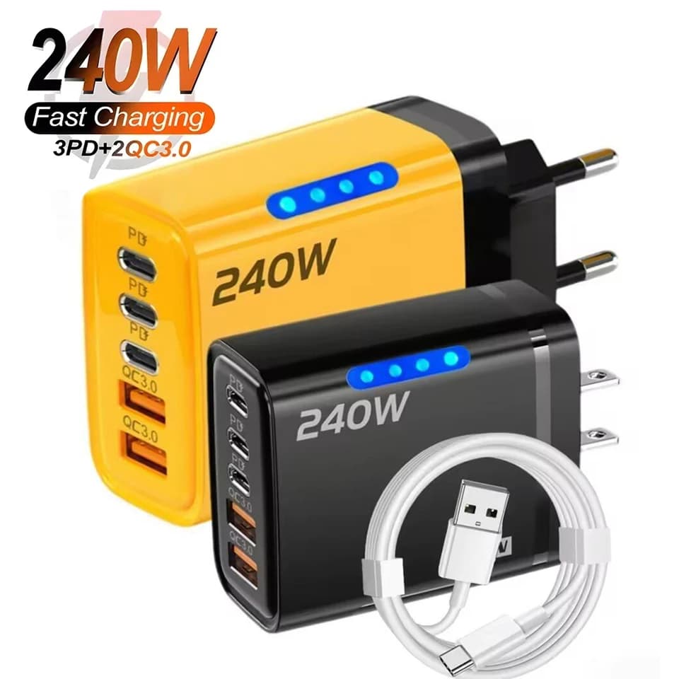 GAN Carregador 5 em 1 USB‑C 240W com Cabo 10A – Carregamento Rápido