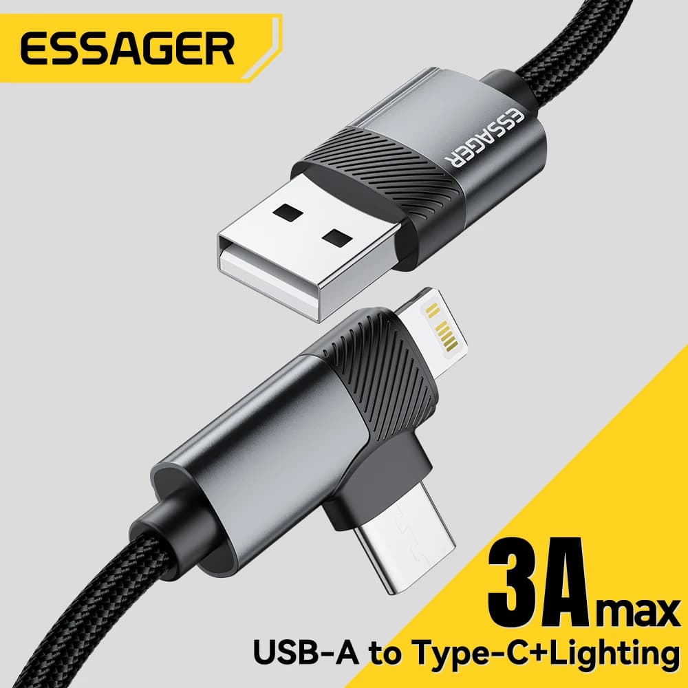 Essager Cabo 2 em 1 Ângulo Reto USB-A para Type-C 3A Rápido