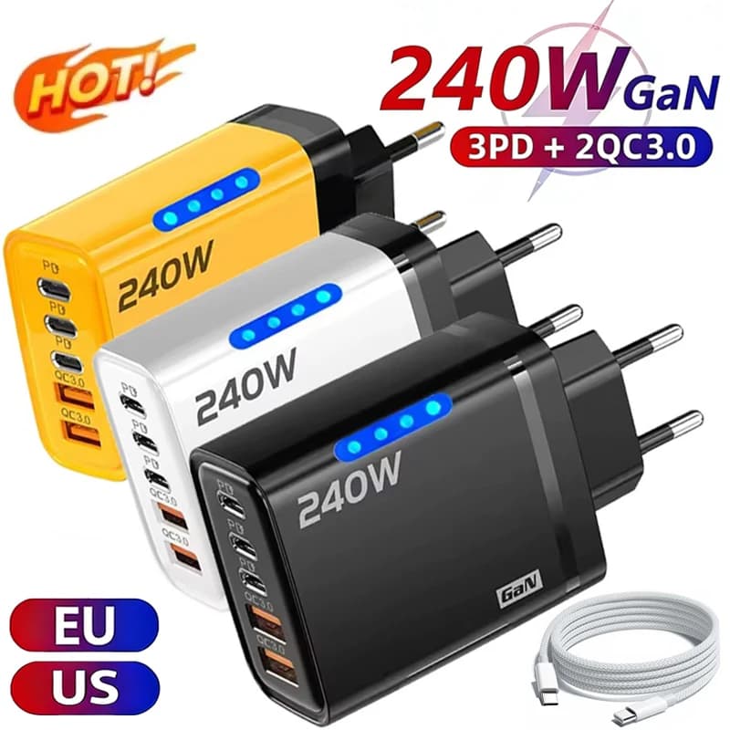 Carregador 5 em 1 USB‑C GaN 240W – Carregamento rápido