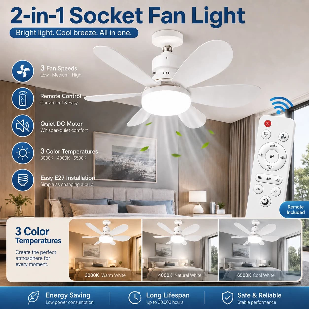 Luminária de Teto LED com Controle Remoto e Ventilador 3 Cores – R$81,99