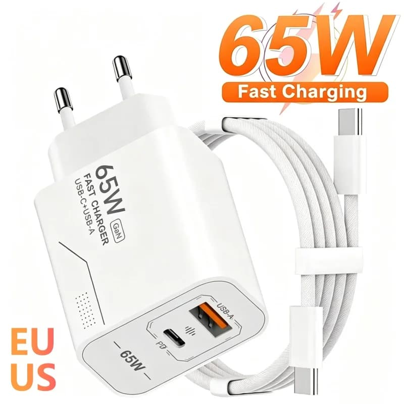 Carregador USB‑C GaN 65W 2 Portas – iPhone, Samsung, Xiaomi