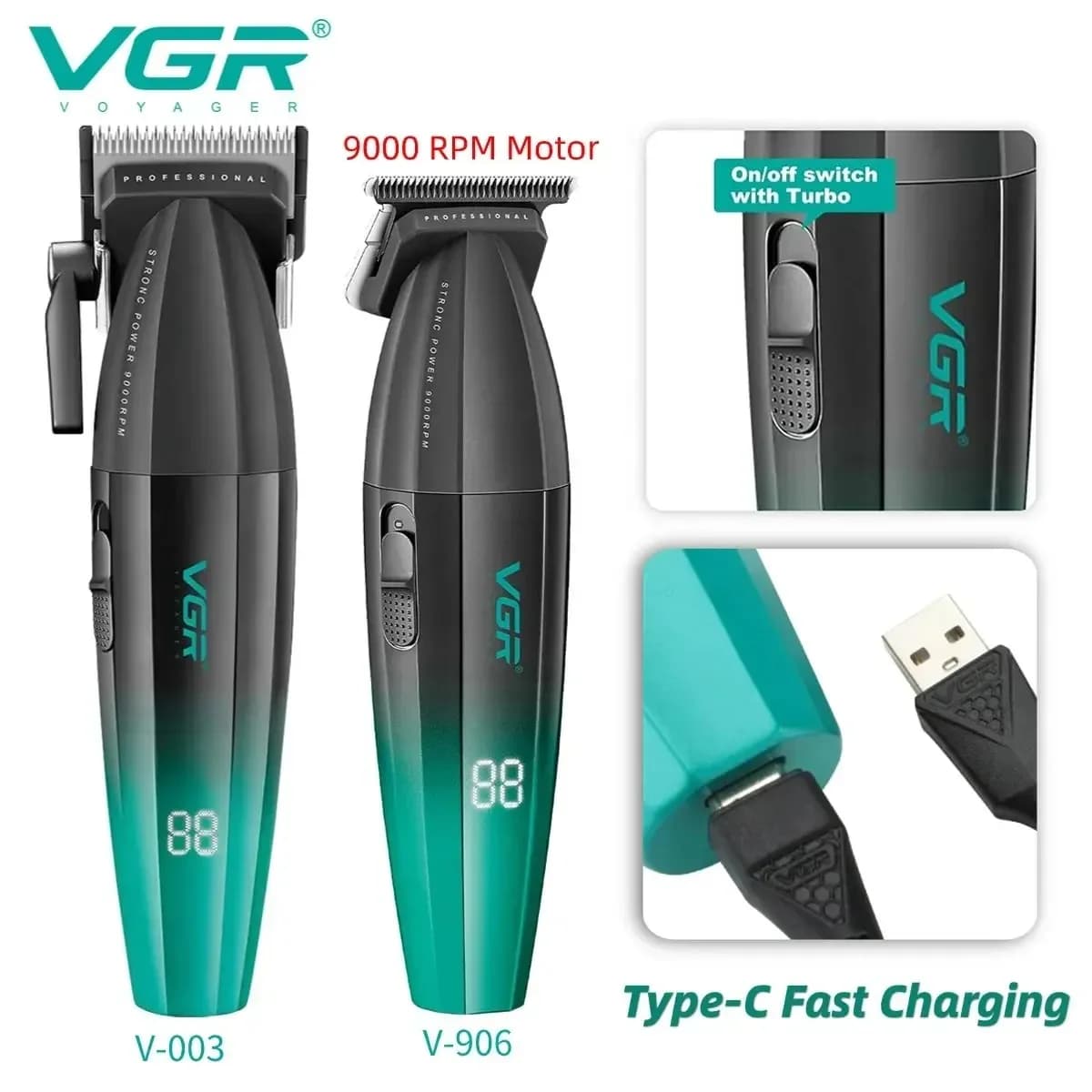 VGR Máquina de cortar cabelo sem fio 9000 rpm - Profissional