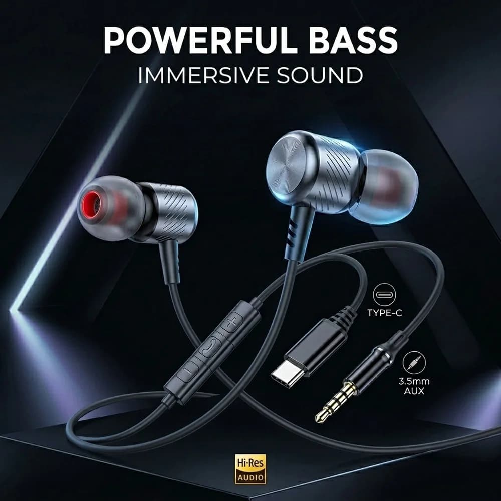 Fones de ouvido metal com graves profundos – cabo USB-C e 3,5 mm