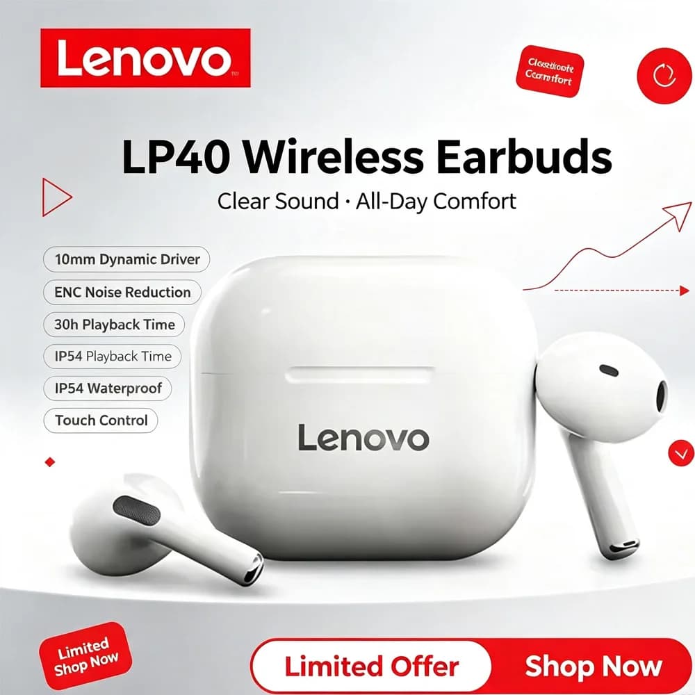 Lenovo LP40 Fone de Ouvido Sem Fio Bluetooth 5.0