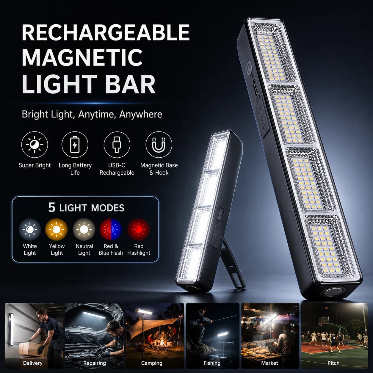 Barra de Luz LED Magnética Recarregável USB – 3 Modos IP66