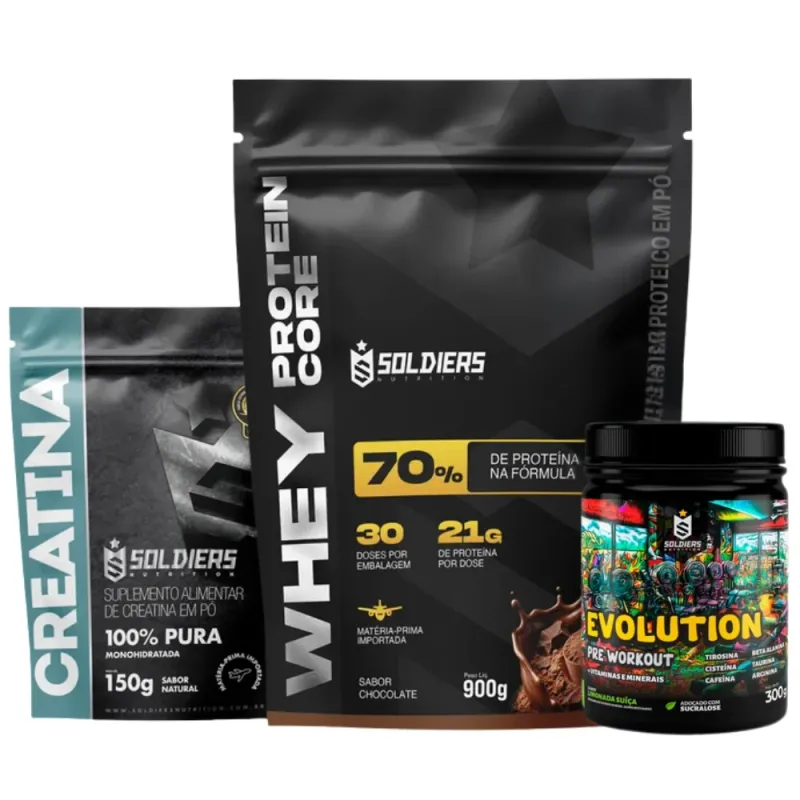 11% OFF Kit: Whey Core Chocolate + Pré-Treino Evolution Blueberry + Creatina 150g