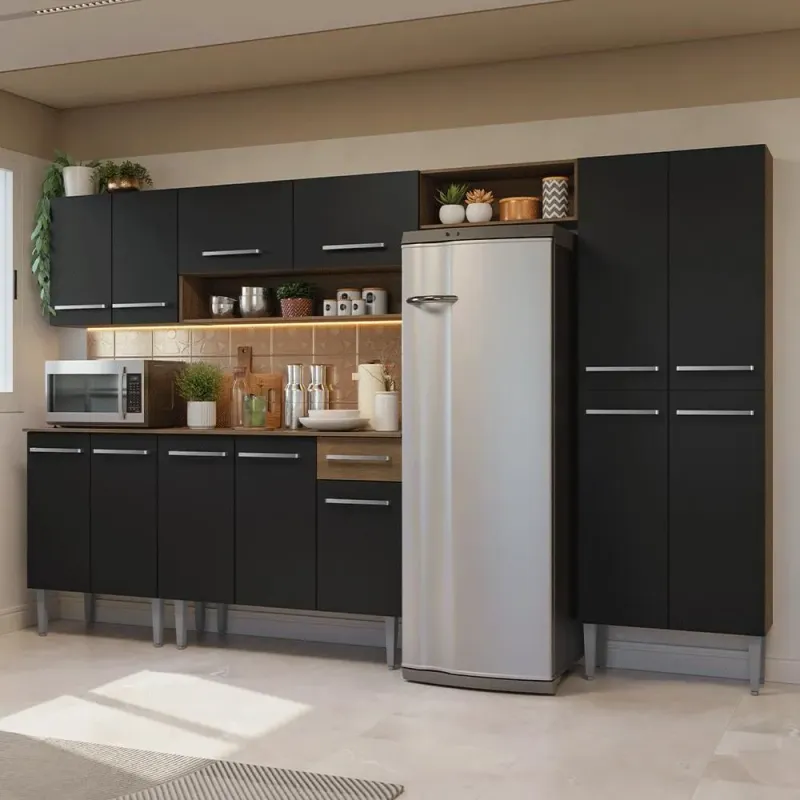 Armário de Cozinha Completa Emilly 13 Portas 1 Gaveta MDF 293cm Rustic Preto