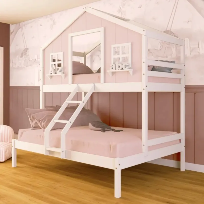 Beliche Casal/Solteiro Casinha Dos Sonhos Madeira Maciça Rosa/Branco Megamobilia