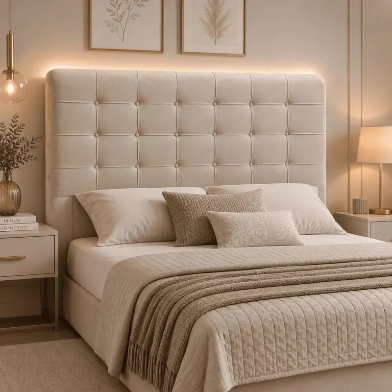 Cabeceira Maria Casal 140 Cm Estofada Veludo Bege 004 Para Cama Box Premium